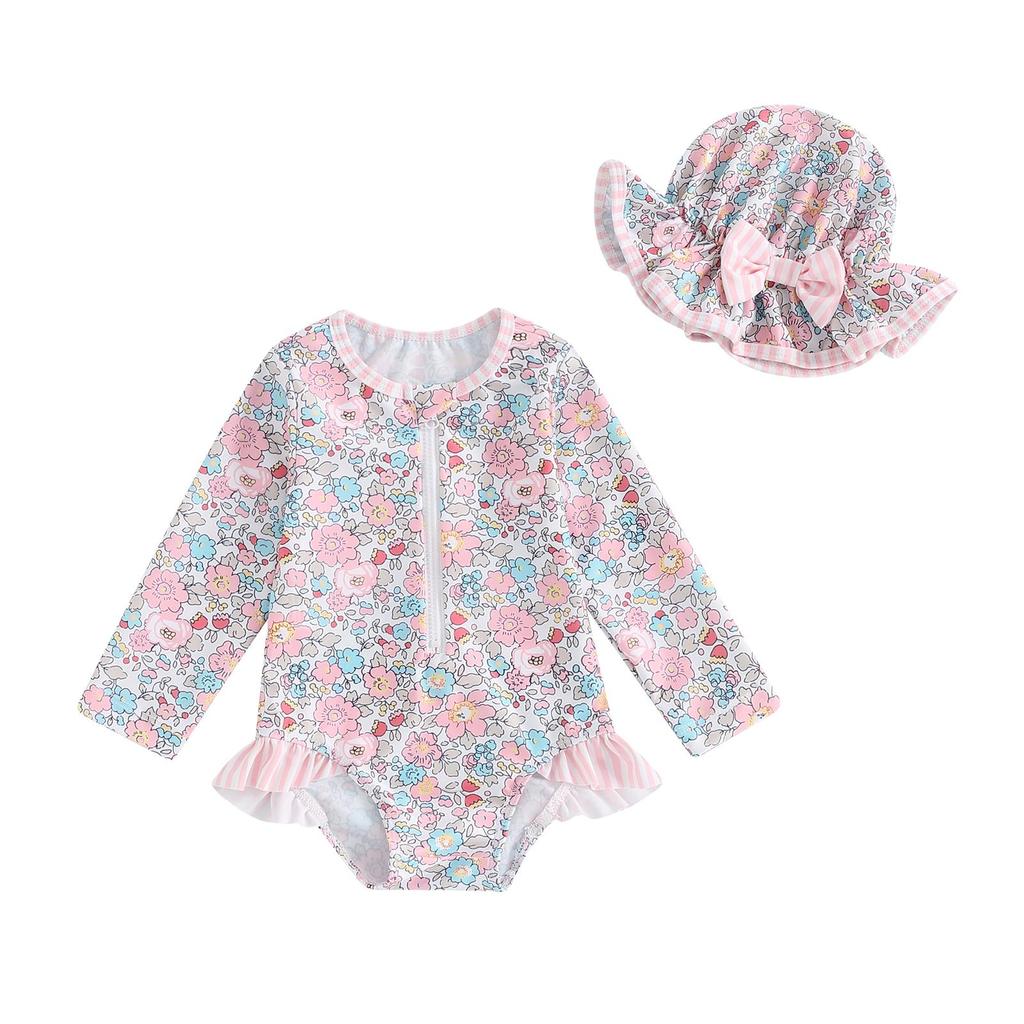 Baby Girl Rash Guard Swimsuit Long Sleeve Floral Print Bathing Suit Infant Swimwear with Bowknot Sun Hat