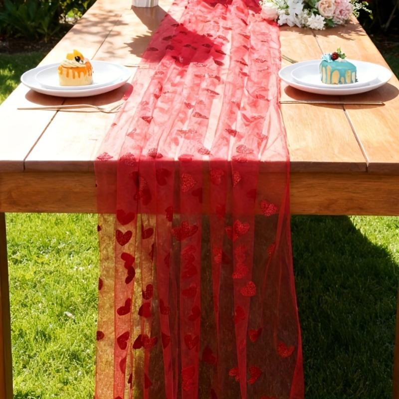 1Pcs Romantic Valentines Day Candlelight Dinners Decor Red Heart-shaped Mesh Tablecloth For Decorating Wedding Banquets Parties