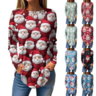 Kadın Modası Gevşek Yuvarlak Yaka Noel Baskılı Uzun Kollu Tişört Üstü
