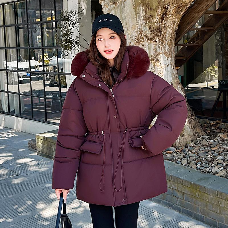 

Waist down cotton clothes women s long thickened warm big fur neck cotton-padded clothes jacket tide XXL бордовый