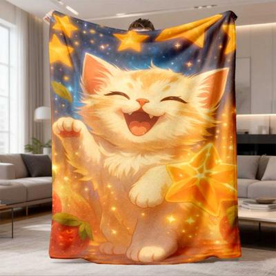 2026 Latest Flannel Blanket Cute Cat Digital Printed Blanket Soft Warm Polyester Flannel Throw for Sofa, Bed, Travel, Camping, Contemporary Style AllS