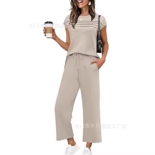 European and American women's clothing is popular, spring and summer knitted short-sleeved wide-leg pants casual two-piece set