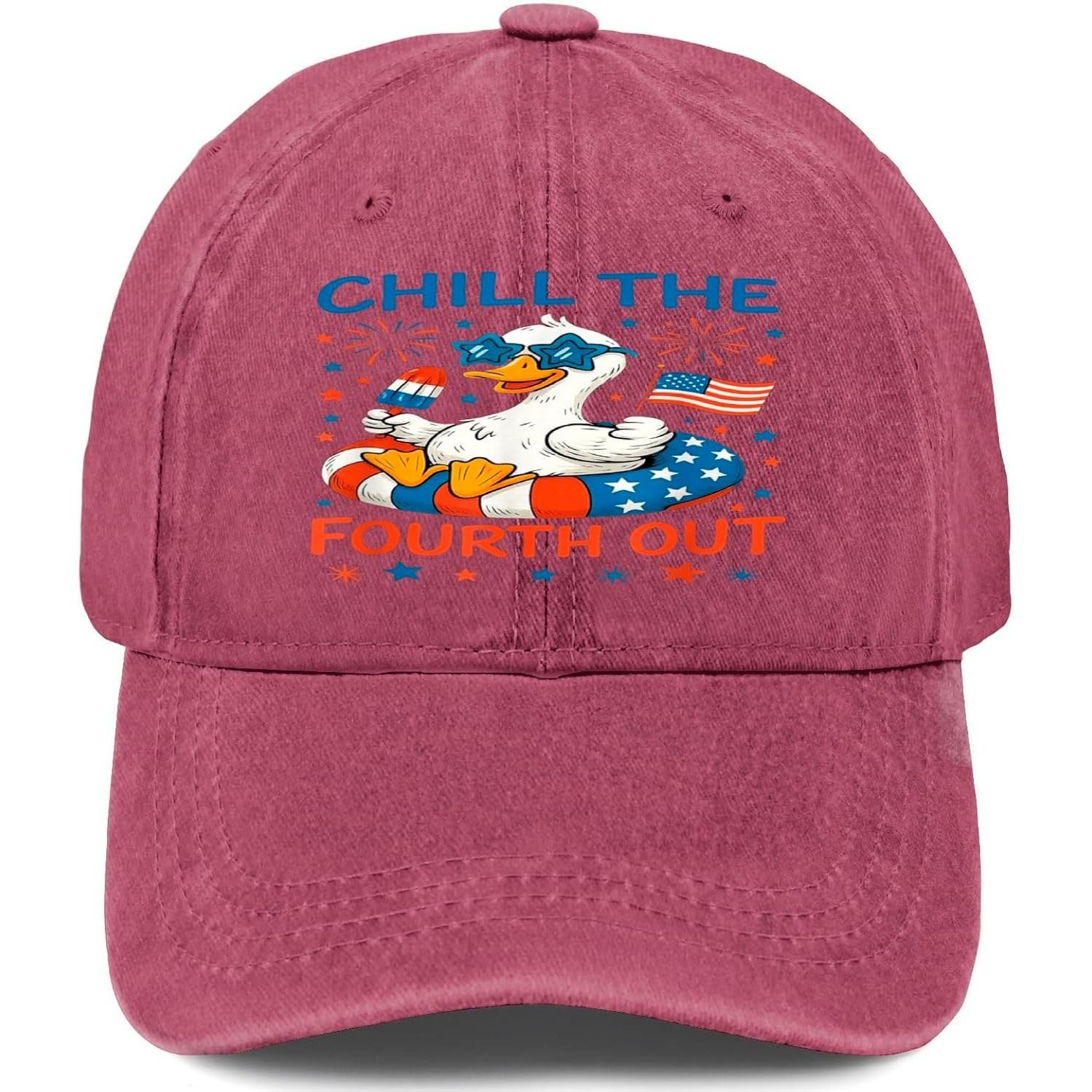 Chill The Fourth Out Funny Duck Patriotic Baseball Cap Washed Denim Adjustable Hat One Size