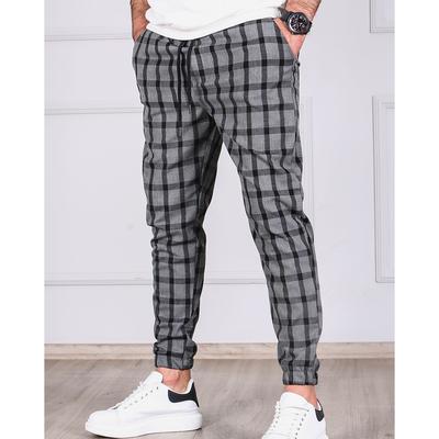 Men Trousers Matching Plaid Print Drawstring Elastic Waist Ankle-banded Pockets Mid Waist Soft Casual Breathable Sports Jogging Trousers
