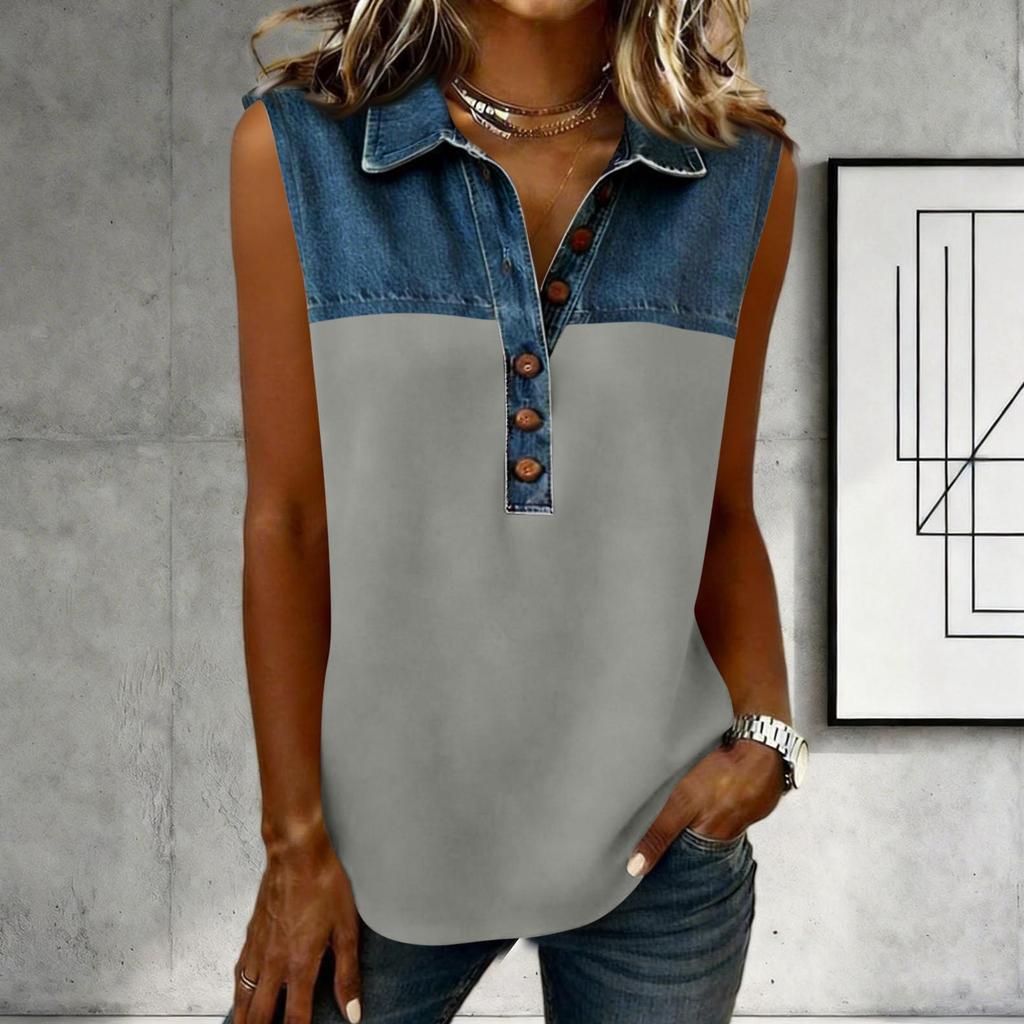 Women's Casual Fashion Denim Patchwork Sleeveless Button-Down Top Vest