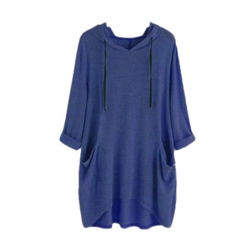 Spring Autumn Women's Hooded Solid Color Loose Long T-shirt Irregular Long Sleeve Pocket Pullover Top