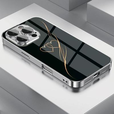 Golden Line Heart Design Pattern Tempered Glass Electroplated Phone Case For Samsung Galaxy S25 S24 S23 Ultra Plus FE Cover
