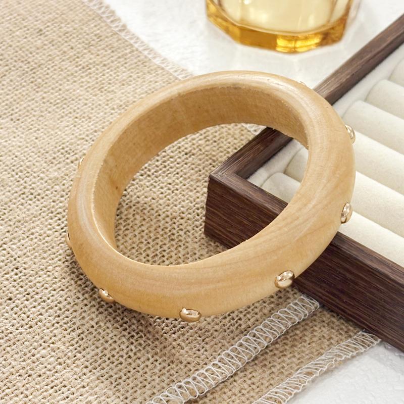 Vintage Ethnische Holzarmspange für Damen Punk Geometrisch Nietenperlen Breite Armreifen Übertriebener Handschmuck