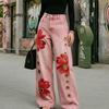 Daily Wear Pants Women High Waisted Wide Leg Jeans, Vintage Floral Print Faux Denim Inspired Trousers, Loose Fit Casual with Pockets & Metal