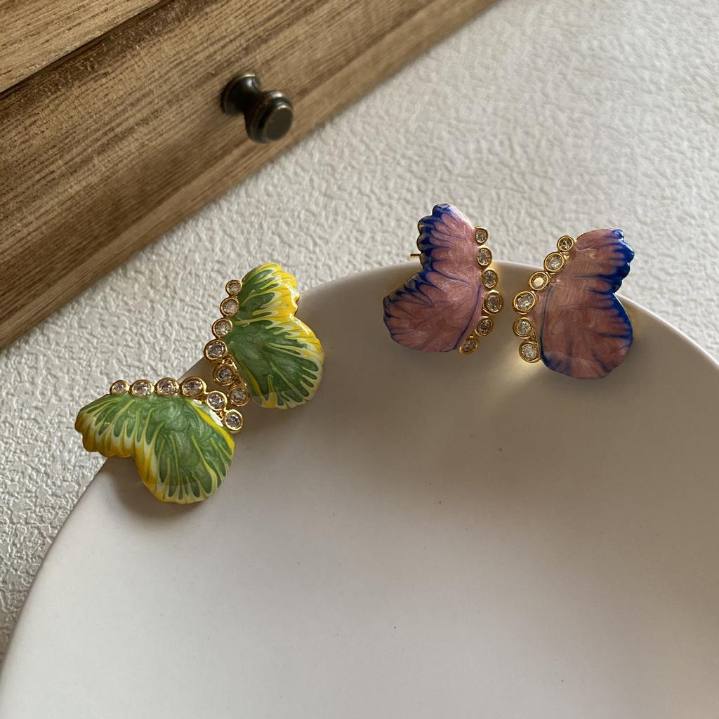 Personalized Fashion Oil Painting Enamel Oil Drop Butterfly Diamond Earrings Women'S French Retro Design Sense Light Luxury Stud Earrings Tide