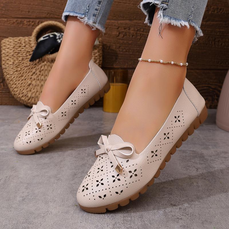 Bequeme Atmungsaktive Ausgehöhlte Weiche Sohle Rutschfeste Mama-Schuhe Lässige Schleifendekoration Pumps Damen Runde Zehenpartie Niedrige Absätze Pumps