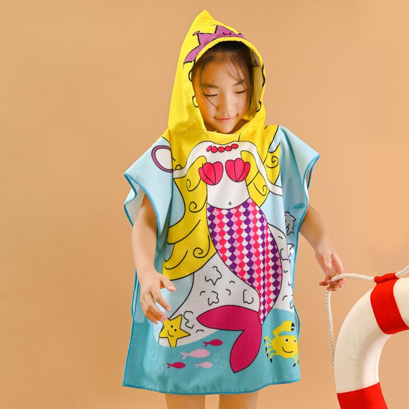 Dinosaur Cartoon Hooded Bath Towel: Absorbent Cotton Poncho for Kids' Summer Swimming