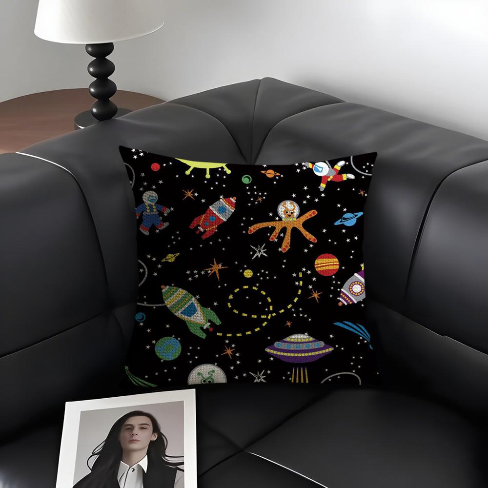 Cartoon Astronaut Raket Kussenhoes Natuurlijk Linnen Biologische Stof Dubbelzijdige Bedrukking Bank Woondecoratie Cadeau Kussensloop