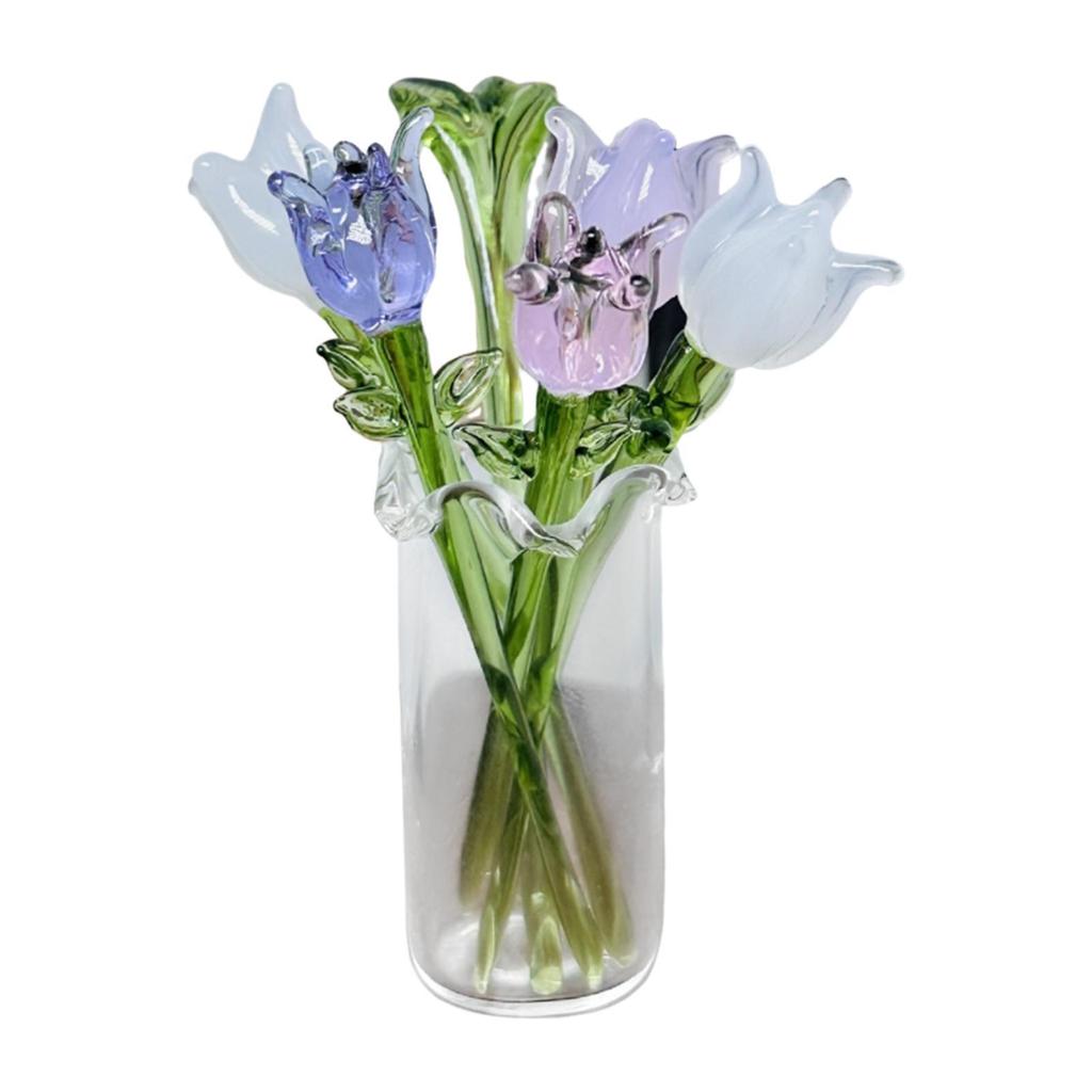Glass Flowers Figurine with Vase Gifts Home Decorations Office Home Decor Bouquet Gift for Girlfriend Mom Women Birthday Wedding