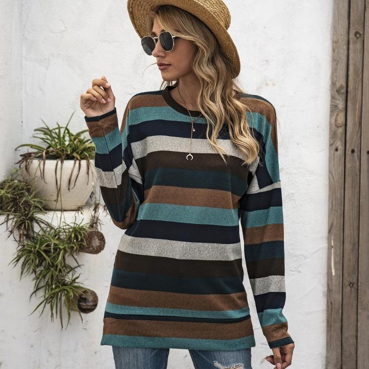Oversize Women Loose Stripe Sweatshirt Sweater Round Neck Tshirt