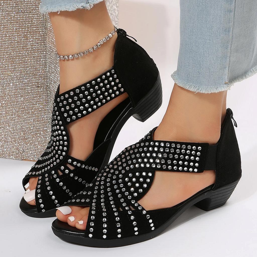 Fashion European and American fish mouth high-heeled sandals for women's summer new cross rhinestone back zipper Roman sandals