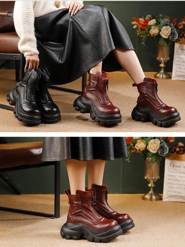 Johnature Thick Soled Short Boots Women's Genuine Leather Front Zipper Platform Boots