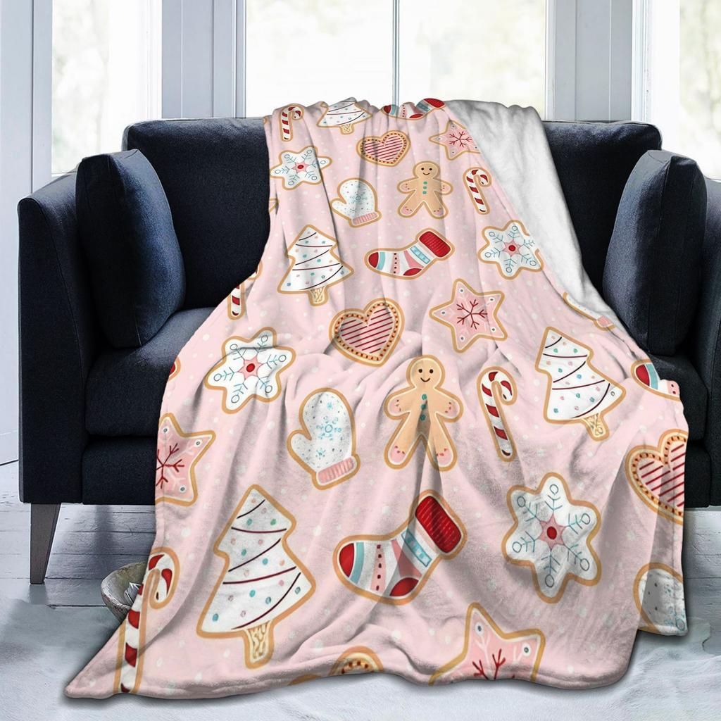 Christmas Gingerbread Pattern Pastel Pink Red Blankets Coral Fleece Plush Autumn Soft Throw Blankets for Sofa Outdoor Rug Piece