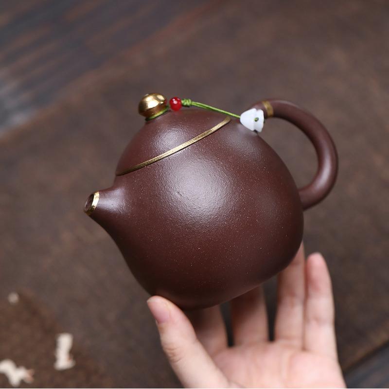 

270ml Yixing Purple Clay Teapot Handmade Gold Drawing Dragon Egg Pot Raw Ore Coarse Sand Purple Mud Tea Brewing Kettle Zisha Tea