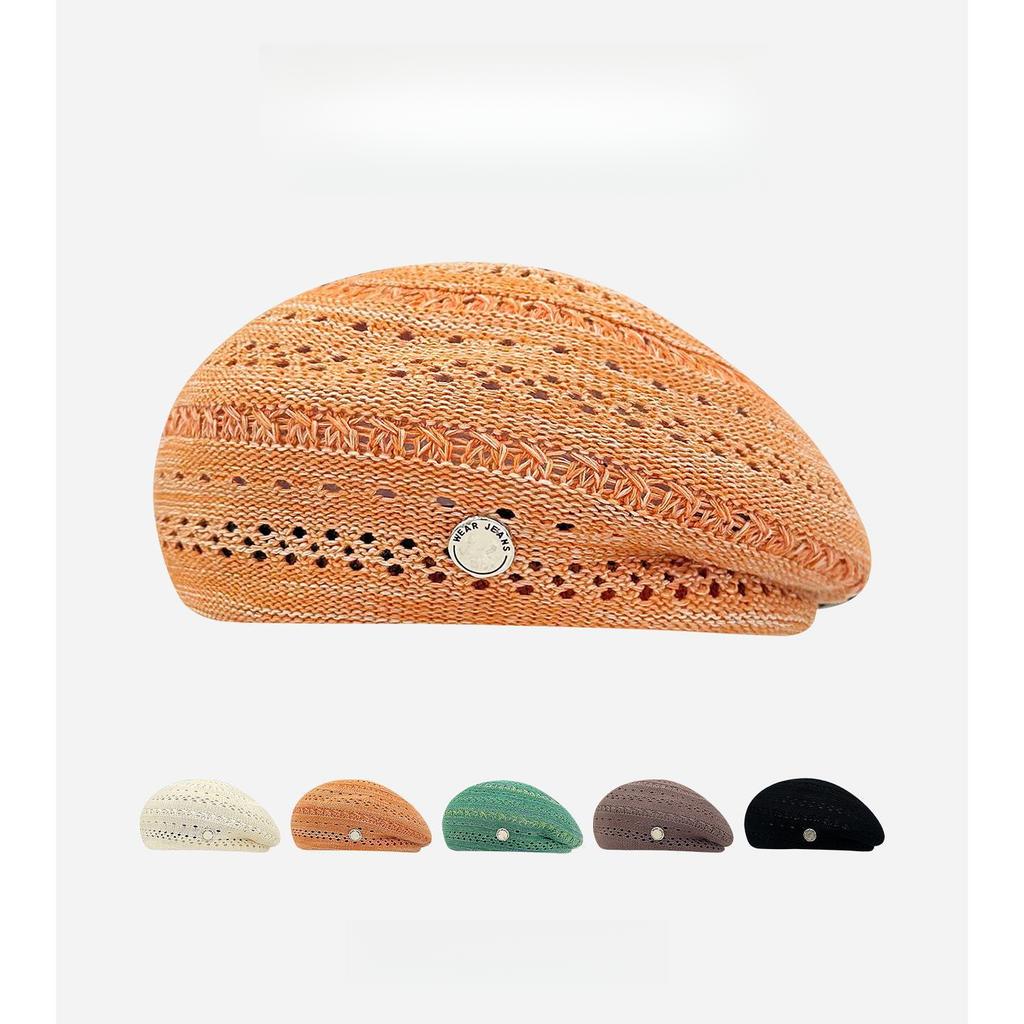 Summer Moss Green Retro Hollow-Out Knitted Beret Women Face-Slimming Trendy Artist Hat Painter Cap Female