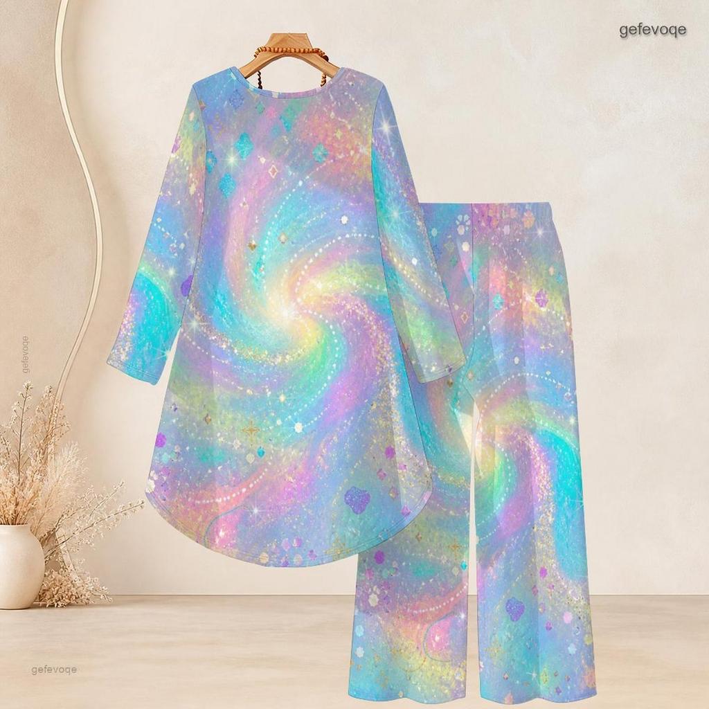 Women Plus Size Black Round Neck Long Sleeve Star Printed High Low Top Wide Leg Pants Two Piece Set