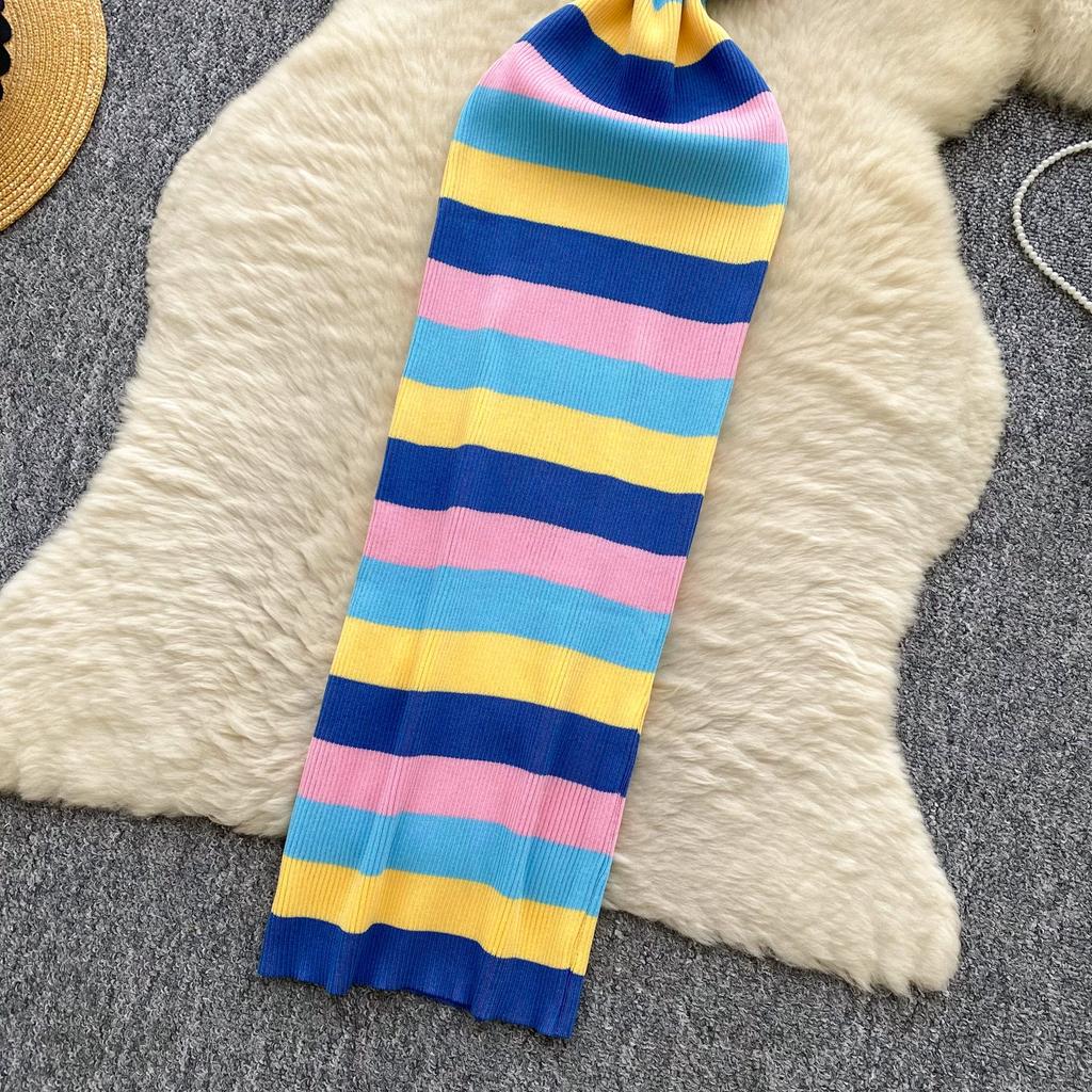 Summer Women Casual Spaghetti Strap Striped Knitted Sheath Sweater Dresses