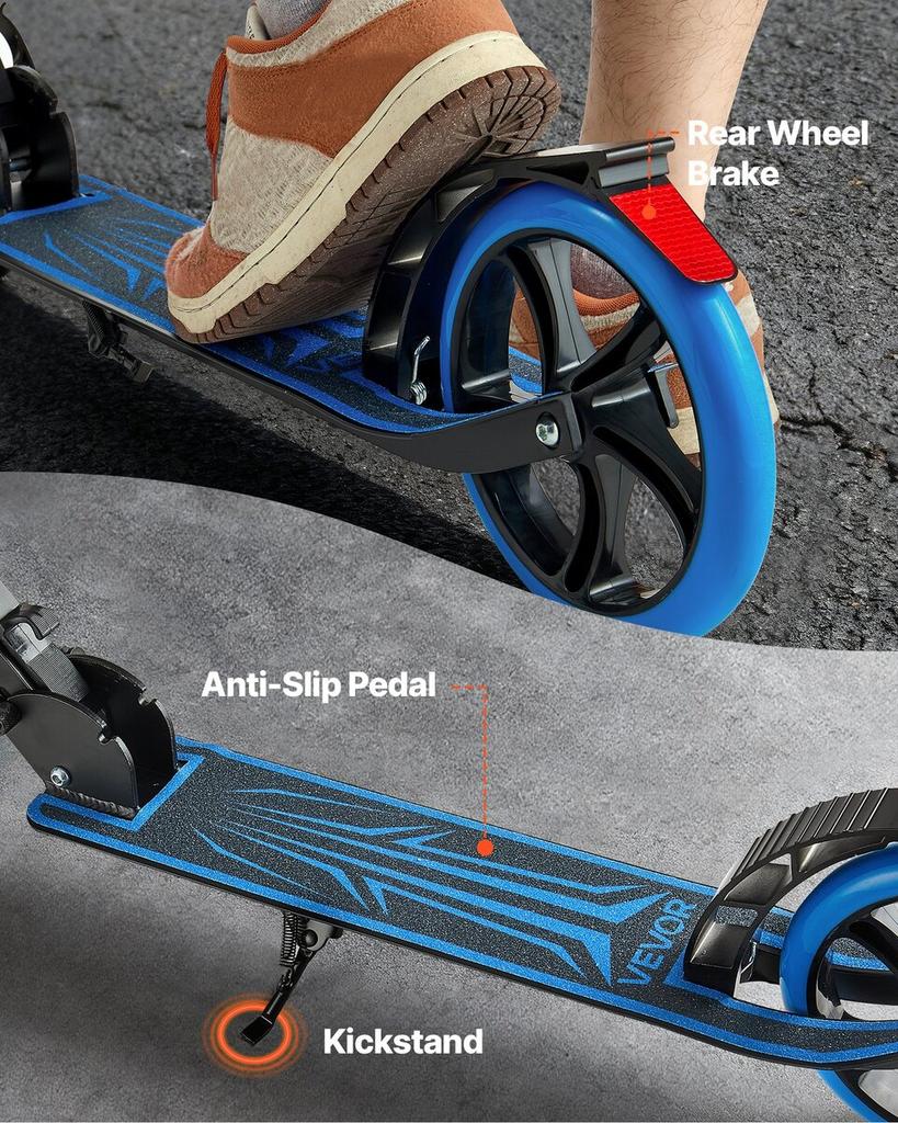 Kick Scooter for Kids Ages 8+, Teens & Adults, 2-Wheel Toddler Scooter with Adjustable Height Handlebar, Wide Anti-Slip Deck, Foldable Lightweight