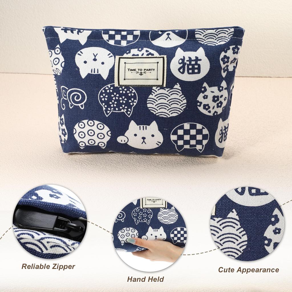 VOCOSTE Canvas Cosmetic Large for with Coin and Blue Pouch, Capacity, Women, Purse, Foundation, Lipstick, Brushes,