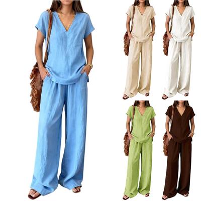 Módní a sexy dámský jarní a letní retro elastický pas s popruhem z lněného límce, dámský barevný ležérní dvoudílný set