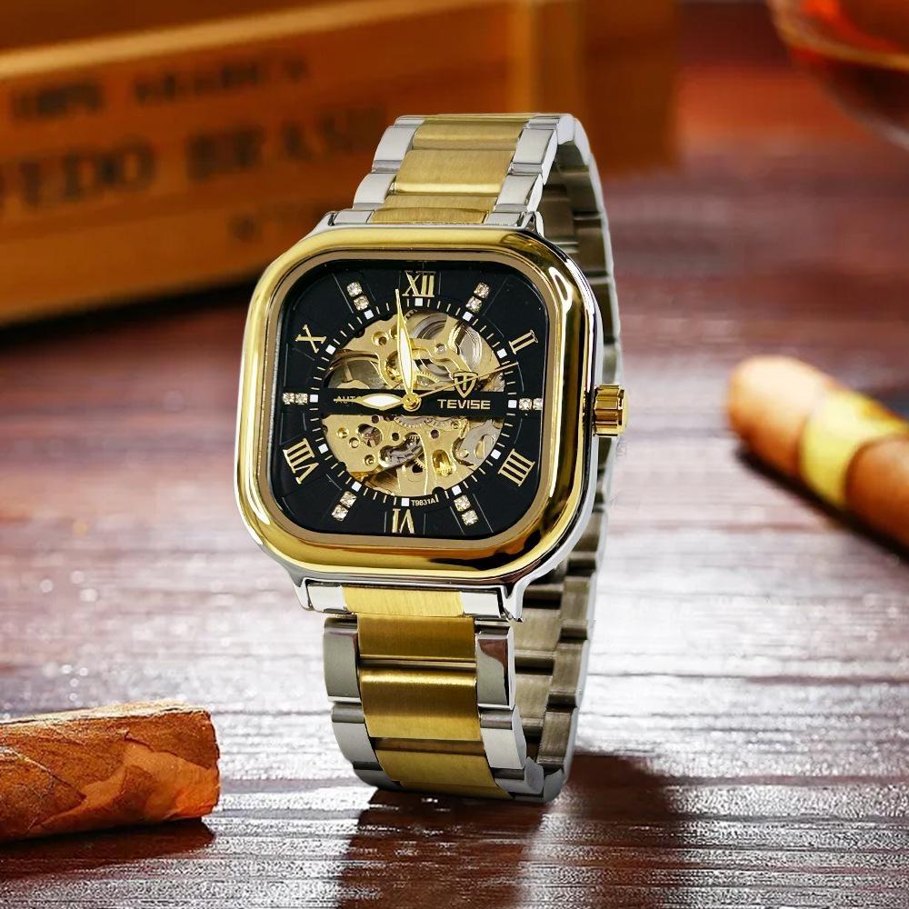 TEVISE Automatic Mechanical Watches for Men Stainless Steel Waterproof Skeleton Watch Square Dial Luminous Fashion Business Wristwatch