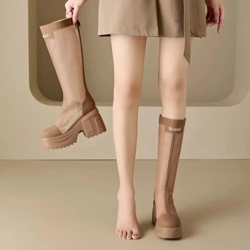 Fashion 10cm Genuine Leather Fashion Knee High Booties Breathable Platform Wedge Hollow Breathable ZIP Sandals Hidden Heels Shoes