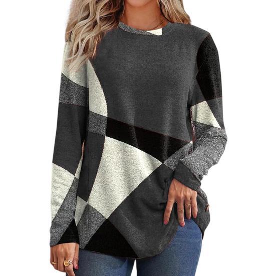 Women Tops Round Neck Long Sleeve Contrast Color Geometric Print Loose Fit Tee Shirt Casual Pullover Tops