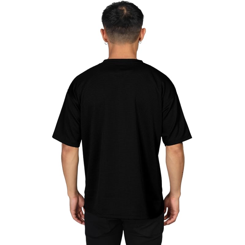 SHODOX Mens Solid Dotted Unique Design Oversized Tshirt for Men - Round Neck Loose Fit Drop Shoulder Mens T-Shirt Black