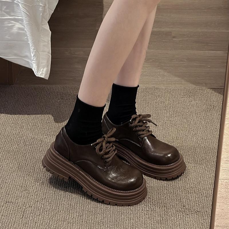 Retro Fashion Small Leather Shoes Women Small Wear Lace-up Comfortable Casual Shoes Niche Design Thick Heel Platform Single Shoes