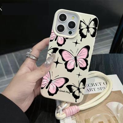 Étui Cordon Chaîne de Téléphone Pour iPhone 17 16 15 14 13 Pro Max 11 Plus Silicone Anti-choc Motif Graffiti Y2K Papillon Rose