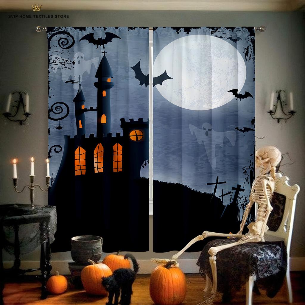 Blackout Insulation Curtains, Cartoon Print, Halloween, Pumpkin, Castle, Bedroom, Restaurant, Holiday Party, Decorative Curtain