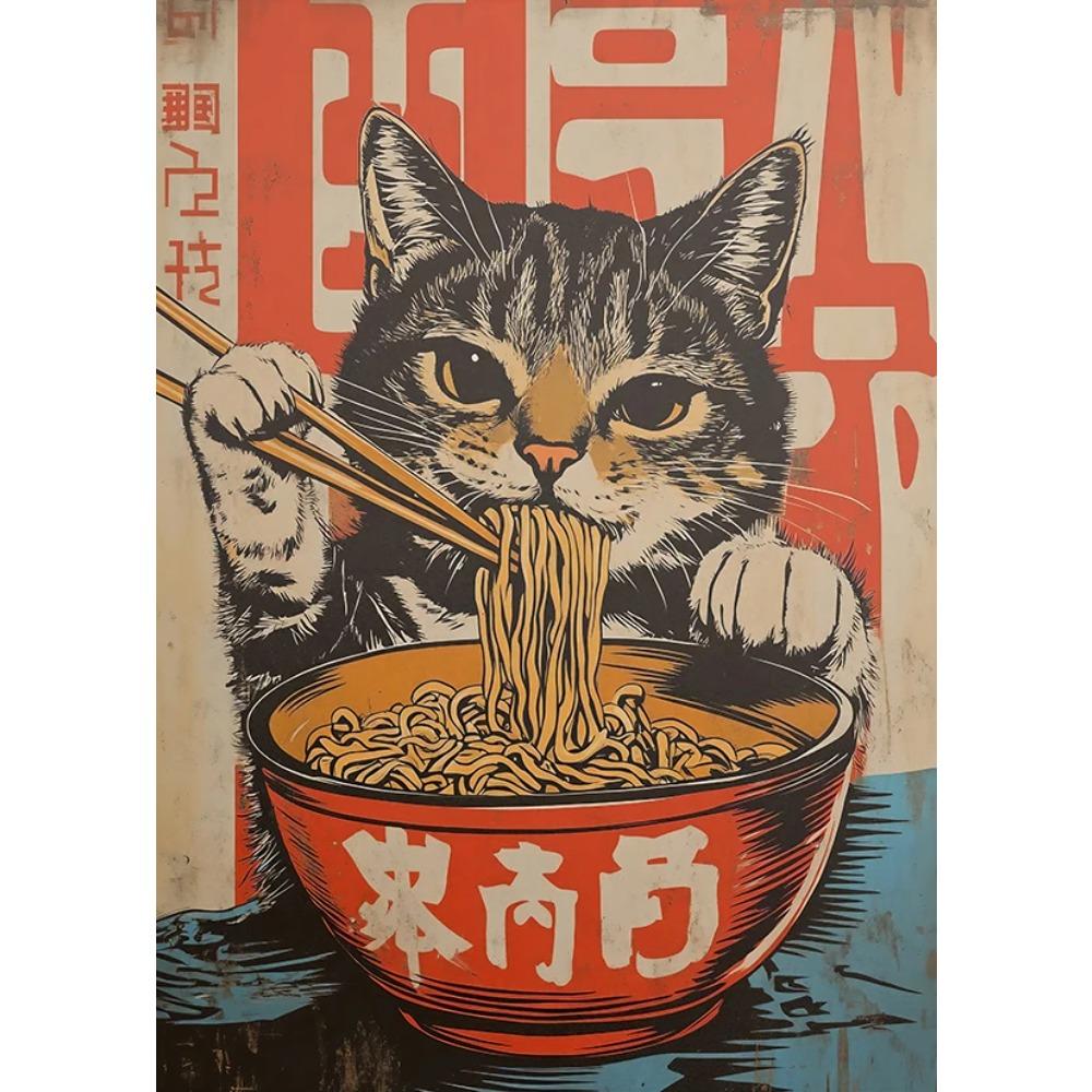 Japanische Katze isst Nudeln Leinwandposter Katze Kaffee Bonjour Mon Amour Küchenwandkunst Drucke für modernes Wohnzimmer Heimdekor