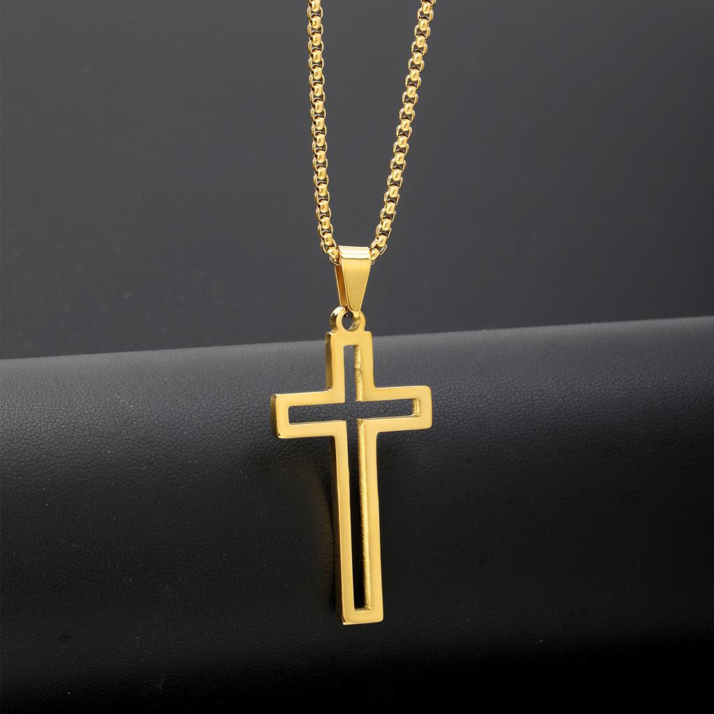 Skeleton Cross Necklace for Men Women Stainless Steel Hollow Out Cross Pendant Box Chain Collier Religious Faith Christ Collar