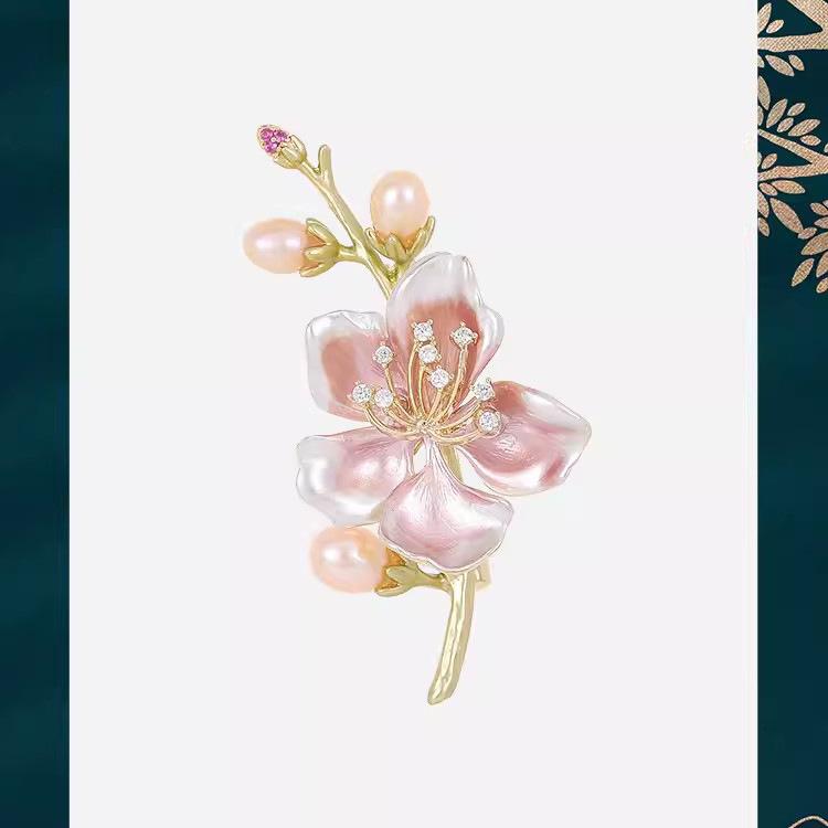 Chinese-style Peach Blossom Brooch, High-end Women's Exquisite Pearl Peach Blossom Brooch, Niche Design Sense Brooch