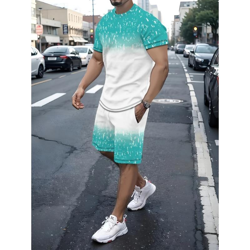 Men s Two-piece Tracksuit: Short-sleeved T-shirt and Shorts, Summer Heathered High-resolution Print, Casual Tracksuit for Men S