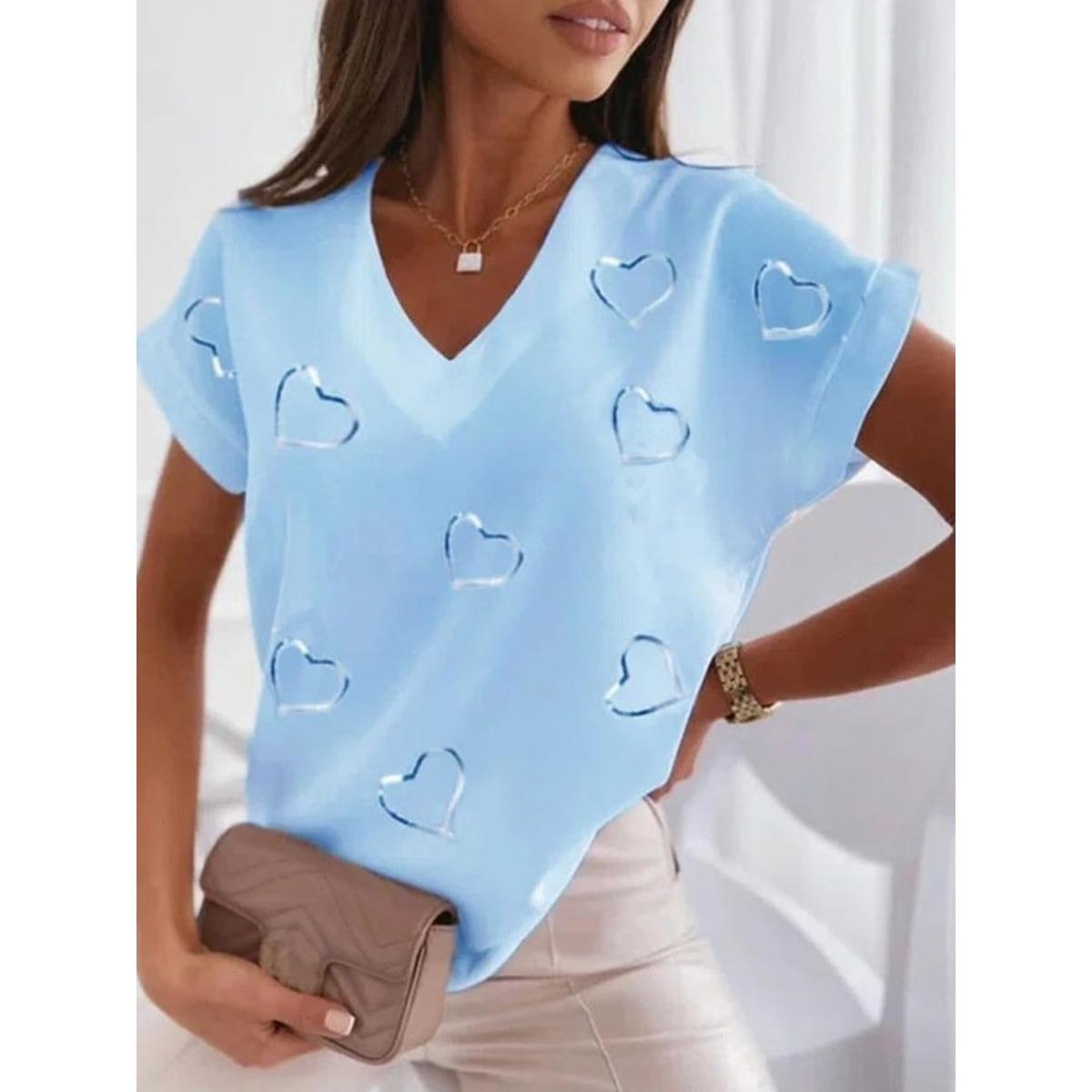 

Женская элегантная футболка с коротким рукавом - Летний повседневный топ с принтом в виде сердца, Обычный узор, Элегантный повседневный стиль, Женская футболка S
