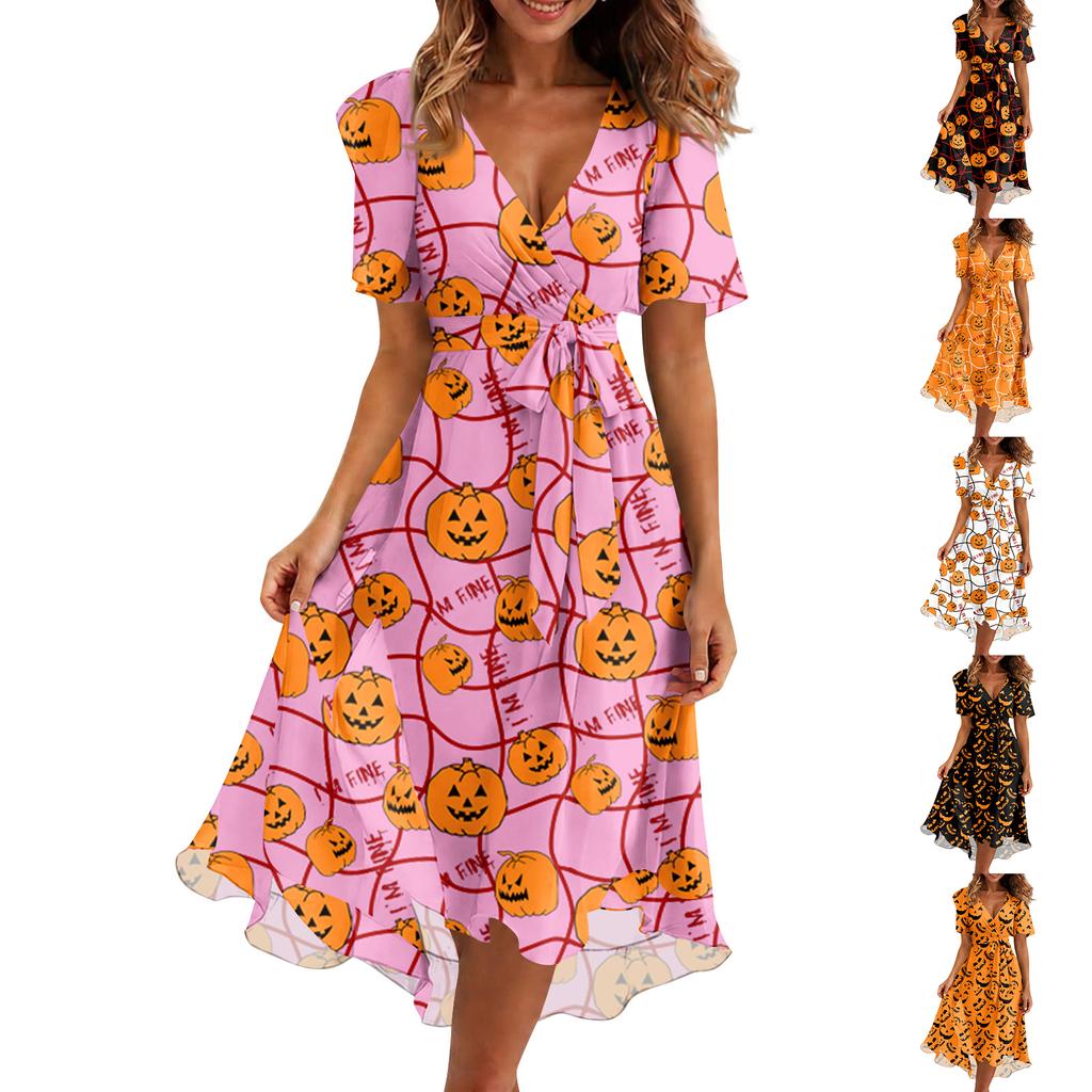 Women Casual V Neck Short Sleeve Halloween Print Dress Midi Length Relaxed Fit Lightweight Fabric Summer Dress