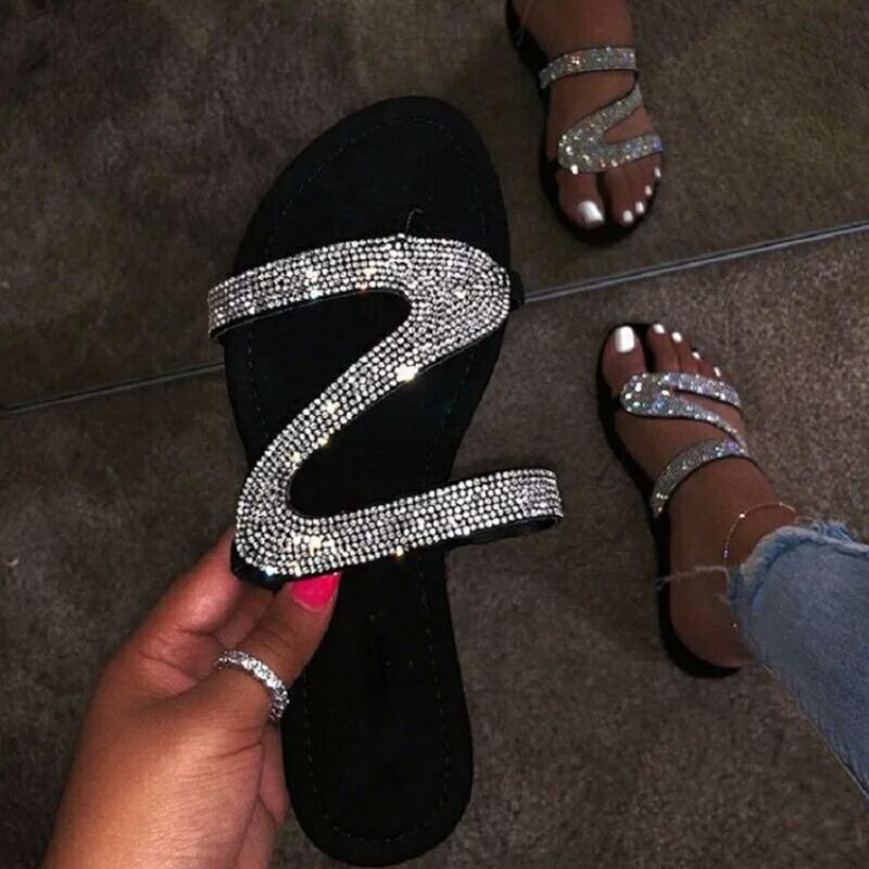 20 summer new wish large size flat bottom set toe girl cool slippers simple rhinestone outer slippers