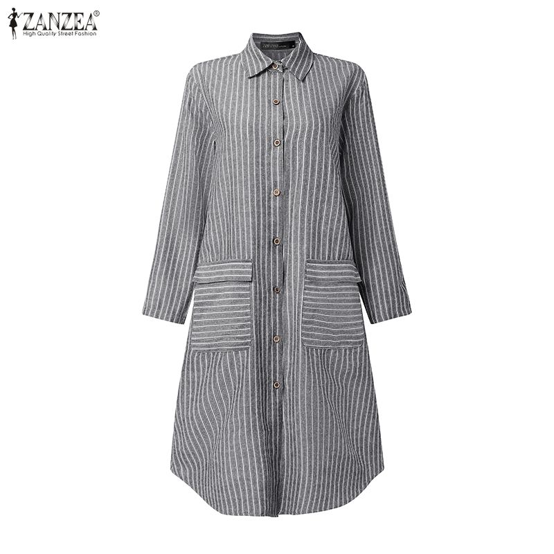 ZANZEA Dámské ležérní pruhované šaty košilového střihu s dlouhým rukávem a límcem