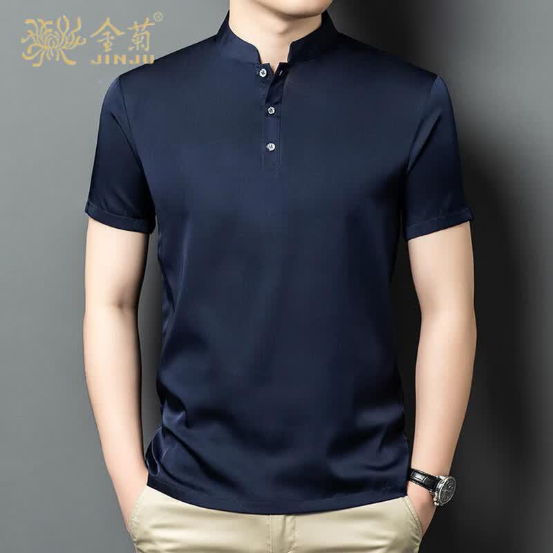 Jinju Men s Premium Mulberry Silk Short-Sleeve Stand Collar Shirt XXXL