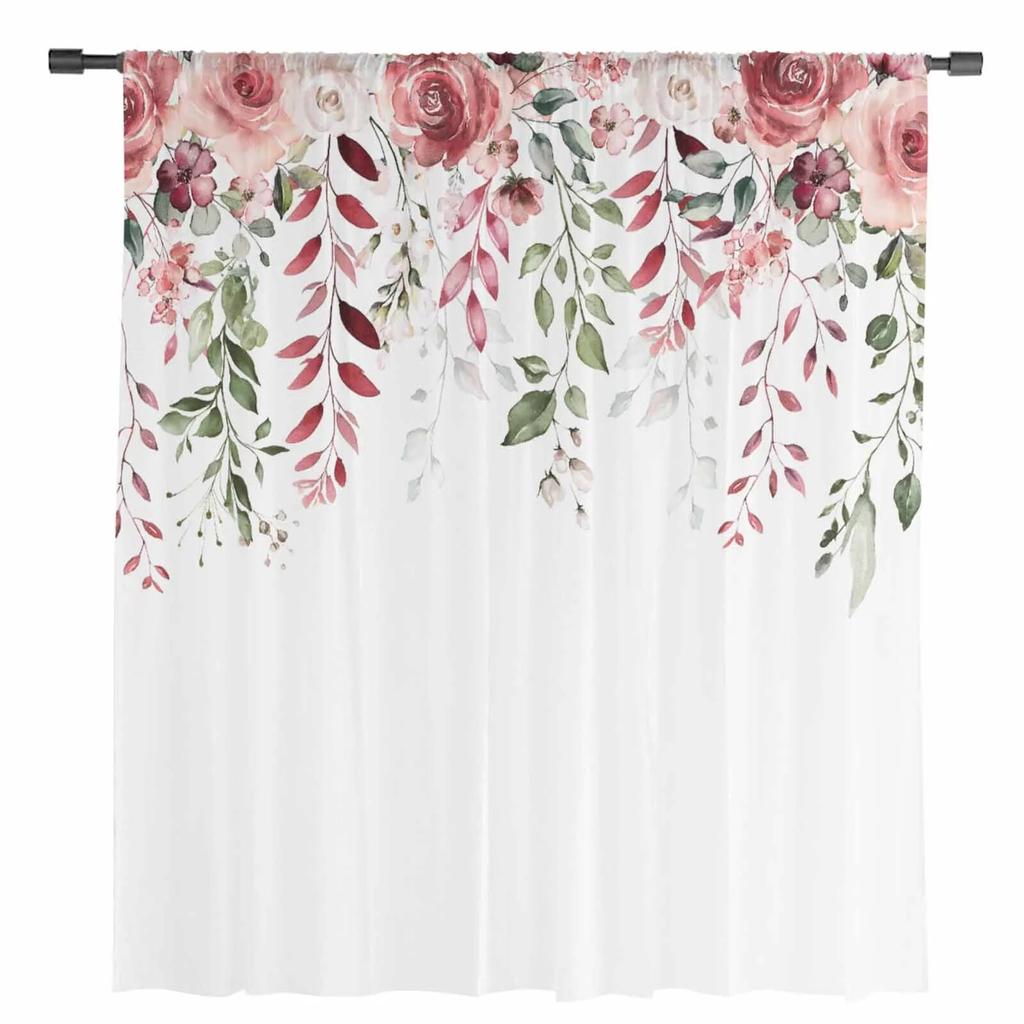 Rose Flower Leaves Sheer Curtains For Living Room Kitchen Window Curtains Bedroom Tulle Voile Curtains