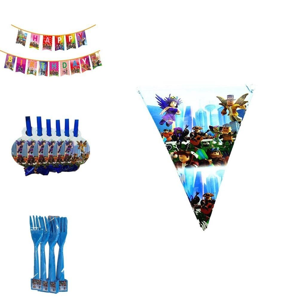 Colorful Roblox Birthday Decoration Set Featuring Banners Balloons And Cake Toppers For Kids