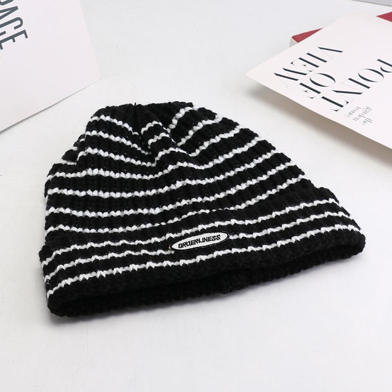 New Autumn and Winter Ins Big Head Knitted Hat Japanese Striped Wool Hat Korean Style Versatile Student Warm Hat Women