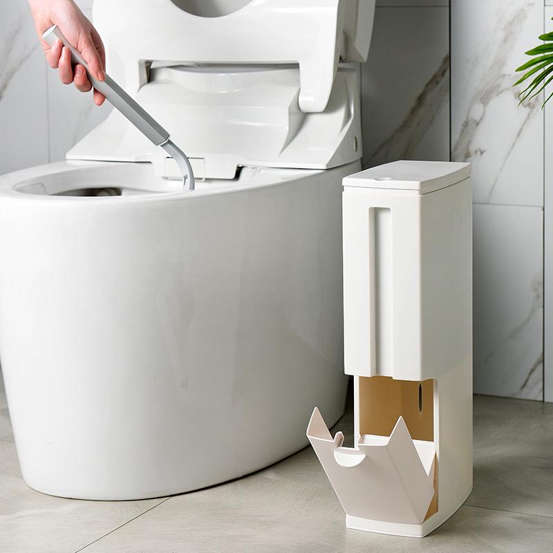 Japanese-Style Bathroom Trash Can & Toilet Brush Set: Compact, Narrow Design with Lid.