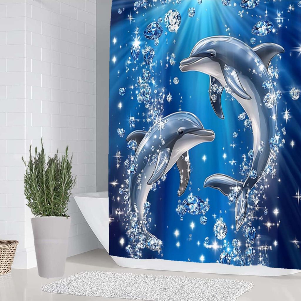 Dolphin Bubble Star Print Shower Curtain With Hooks Machine Washable For Bathroom Decor Home